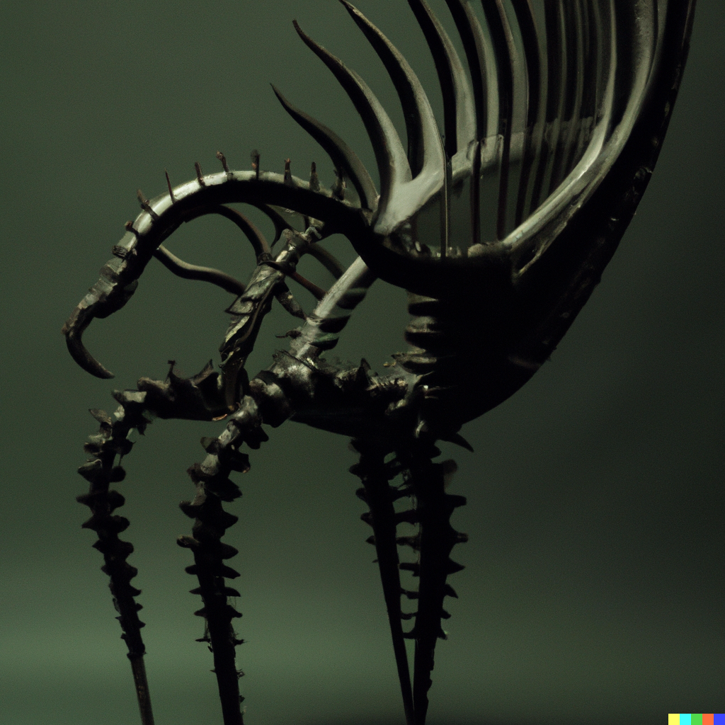 DALL-E 2: photograph of chair by H. R. Giger that looks like a